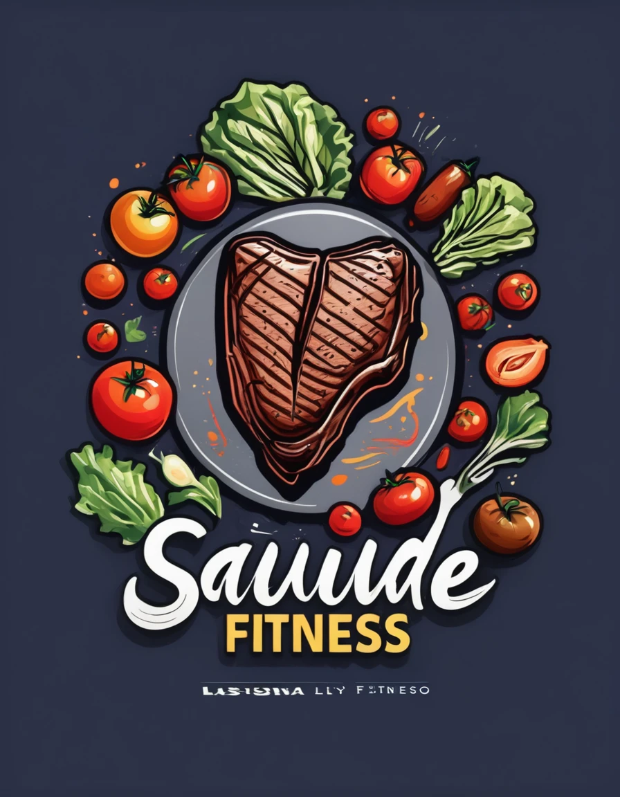 Create a logo featuring the words "Saude Fitness" in a stylized script at the center. Surround the text with detailed illustrations of healthy foods including steak, tomatoes, lettuce, and chicken filet. Use vibrant colors to convey health and vitality associated with fitness and nutrition.