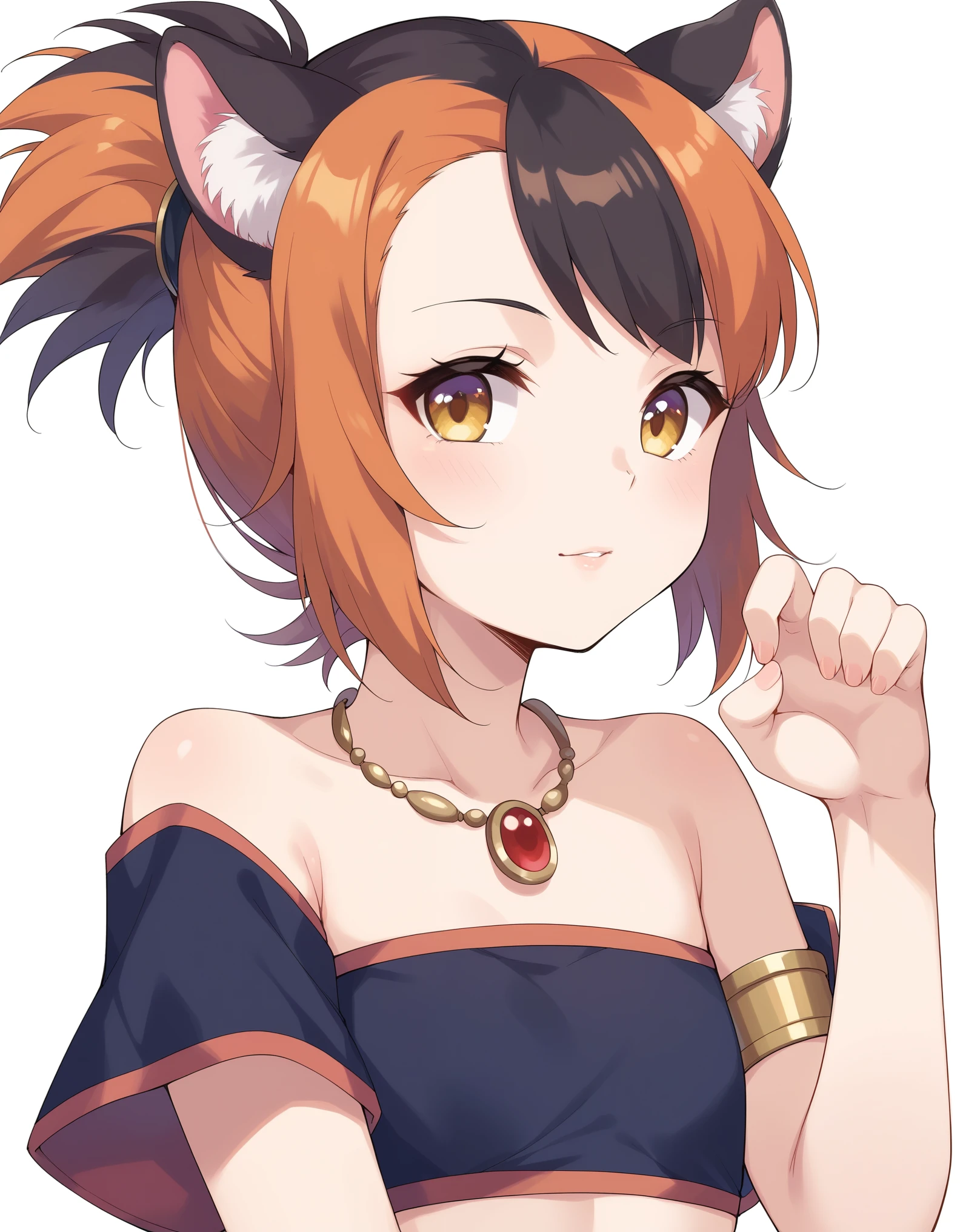 core_9, score_8_up, solo, BREAK, female ,  wilykit, girl, solo, brown hair, two-tone hair, multicolored hair, armlet, yellow eyes,  paw pose,  black hair, orange hair, animal ears, flat chest, white background, 