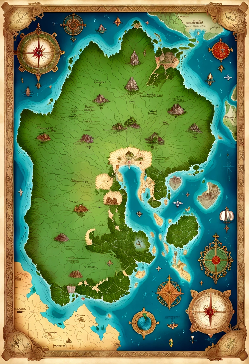Tokkien world style map of Middle Earth, with continents, countries and islands. Combine different types of terrain such as mountains, slopes, rivers, swamps and deserts