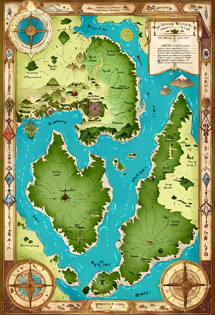 Tokkien world style map of Middle Earth, with continents, countries and islands. Combine different types of terrain such as mountains, slopes, rivers, swamps and deserts
