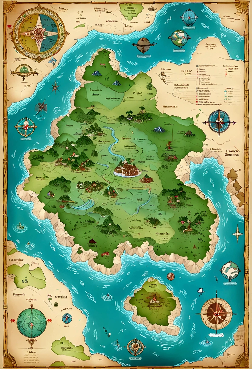 Tokkien world style map of Middle Earth, with continents, countries and islands. Combine different types of terrain such as mountains, slopes, rivers, swamps and deserts