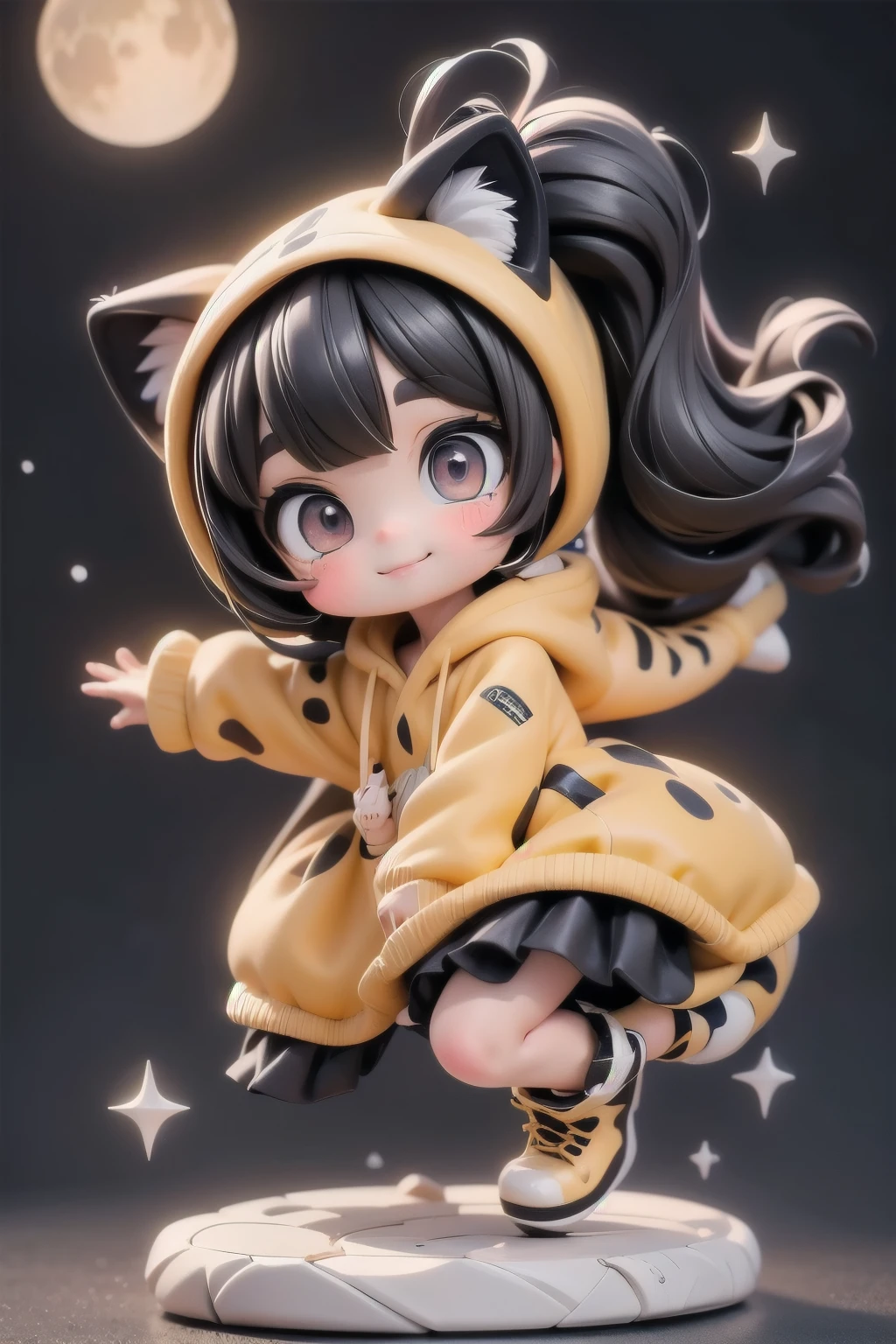 cute chibi girl smiling wearing a (cheetah kigurumi), action pose, dynamic angle, background african savanna at night, starry sky, moon