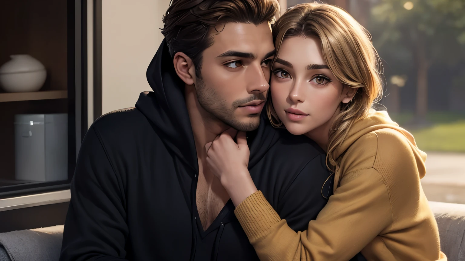 (high quality),(realistic),(great love),(affection),(devotion,oath),(woman:deep brown eyes),(woman: hugging the man),(woman: beautiful,20 years old),(woman :yellow hair),(woman:blue tight sweater),(woman:thin),(man:compassionate looks),(man:light hazel eyes),(detailed face),(full lips),(man:thin sharp chin ),(man: pointed nose),(man:loose hoodie),(man:black trousers),(man: leaning towards the woman's lips),(man:looking at the woman with great longing),(realistic),(pure love)