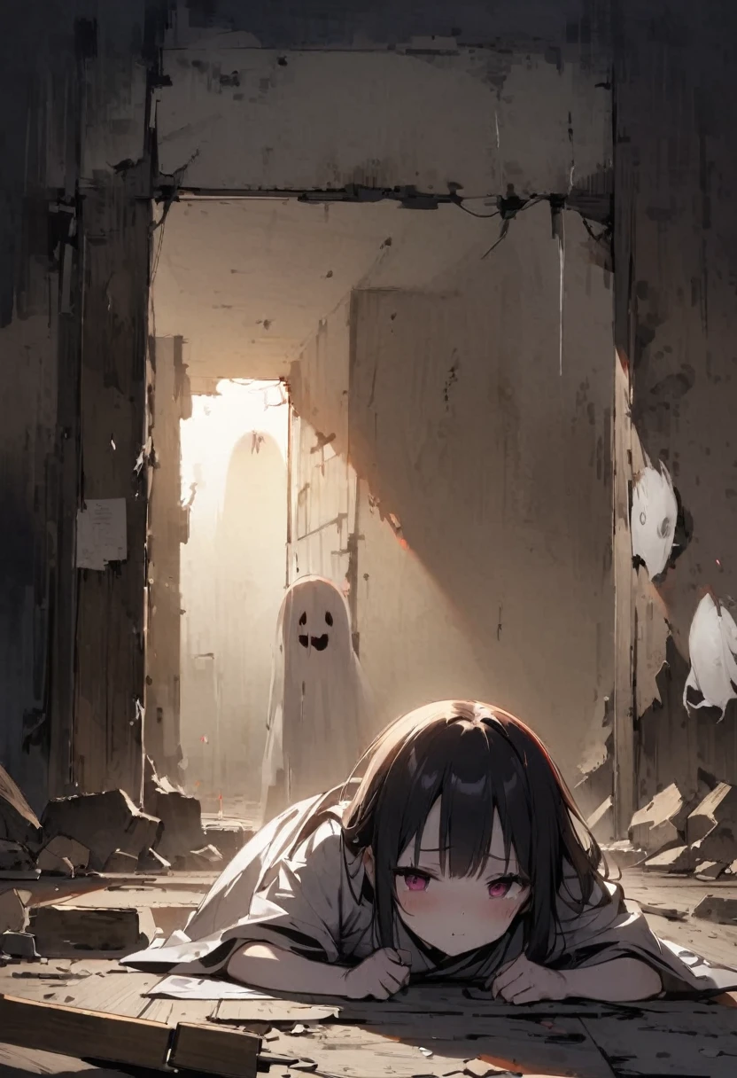 On all fours、shoot from below、ghost、darkness、Dimly lit room、真夜中の古いghost屋敷の中で、Japanese style、kimono、ruins、Girl、Girl、Short、Younger、、Baby Face、Both eyale skin、Nipples、flat chest、Dynamic Angle、Displeased、Creepy、scared、suspicious、suspicious、Ghost、My clothes are torn、Half naked、The body is slightly transparent、My legs are disappearing、I feel lifeless、Dead、Ghost、Panties、Injured