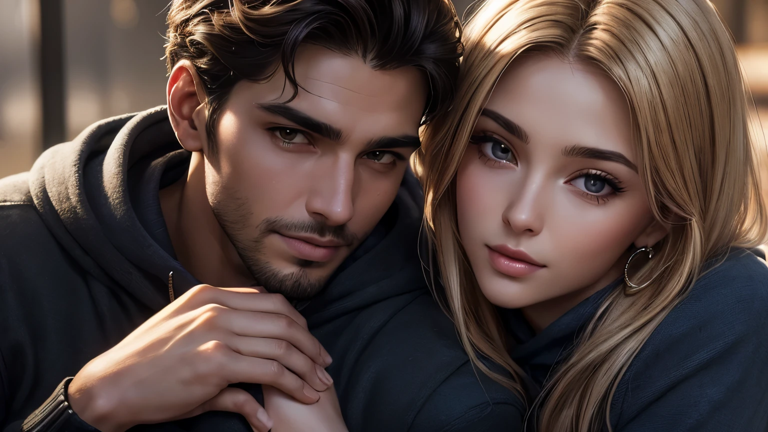 (high quality),(realistic),(great love),(affection),(devotion,oath),(woman:deep brown eyes),(woman: hugging the man),(woman: beautiful,20 years old),(woman :yellow hair),(woman:blue tight sweater),(woman:thin),(man:compassionate looks),(man:light hazel eyes),(detailed face),(full lips),(man:thin sharp chin ),(man: pointed nose),(man:loose hoodie),(man:black trousers),(man: leaning towards the woman's lips),(man:looking at the woman with great longing),(realistic),(pure love)