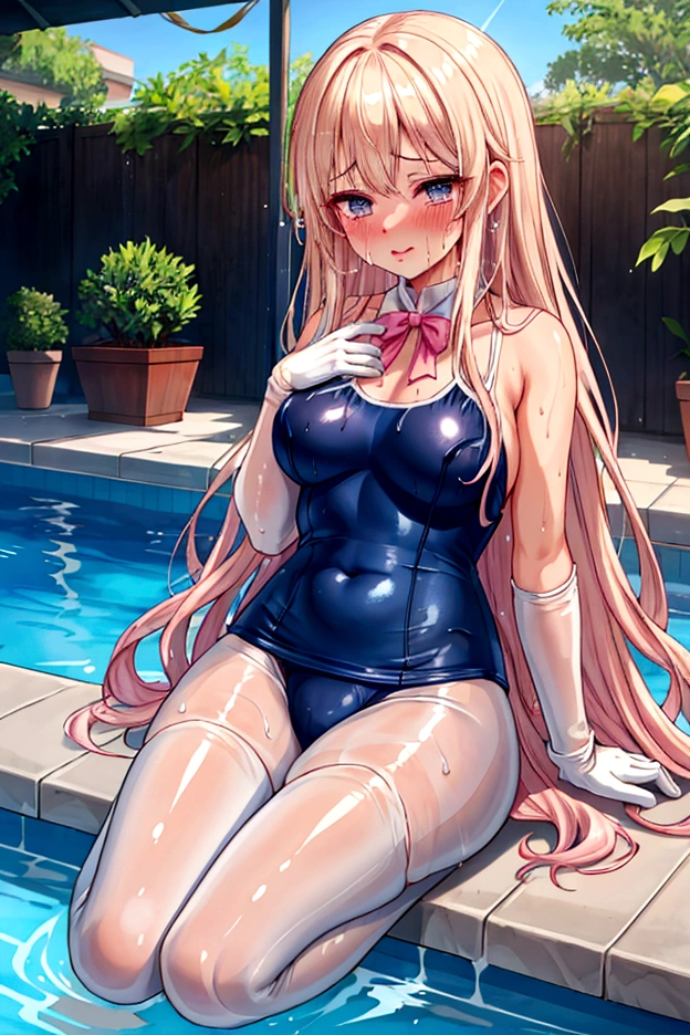 Full body depiction on screen,　evening　Poolside　My whole body is wet from the rain　beautiful girl　Princess　Detailed depiction　Sitting in the pool　anime　Pale pink rouge　Shiny blonde long hair　Princessティアラ　Super long white gloves that are transparent when wet　　Wearing a navy blue school swimsuit　Wearing pantyhose　wet and transparent clothing　See-through　Mucus all over the body　Wet lips　Abundant tears from the mouth　　Sweating profusely　Mucus is stringy　Glossy with lotion　Blush cheeks with embarrassment　Wet　Sweating profusely　Drooling　Mucus clings to the whole body