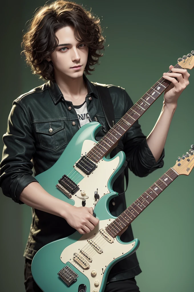 ((best quality)), ((masterpiece)), (detailed), perfect face Mature man and guitarist, with green eyes. Holding a syn model shecter guitar, short and curly hair