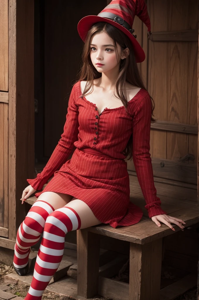 A red girl with a red and striped witch's hat,a purple dress and pink hair with bangs and white gloves