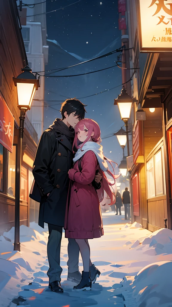 Couple、men and women、Winter Dating、((front:1.4))、Are standing、night、Side by side、In town