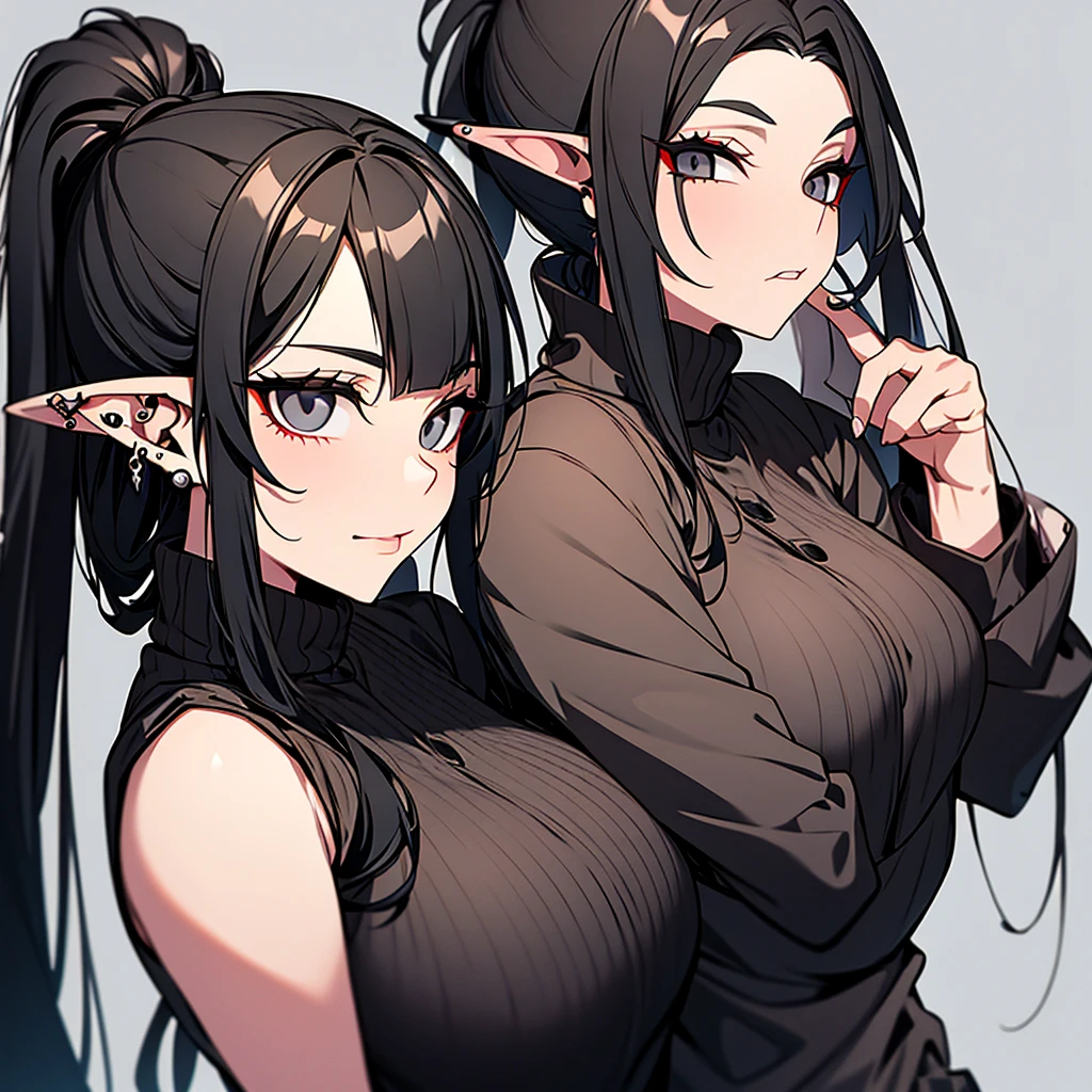 An elf with long black hair with a ponytail and black eyes with a piercing on her lip in a gray rushak