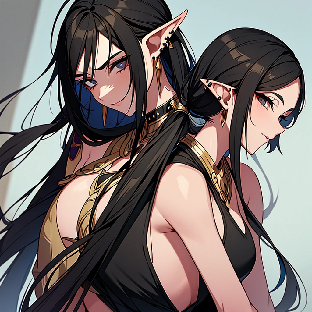 An elf with long black hair with a ponytail and black eyes with a piercing on her lip in a gray rushak
