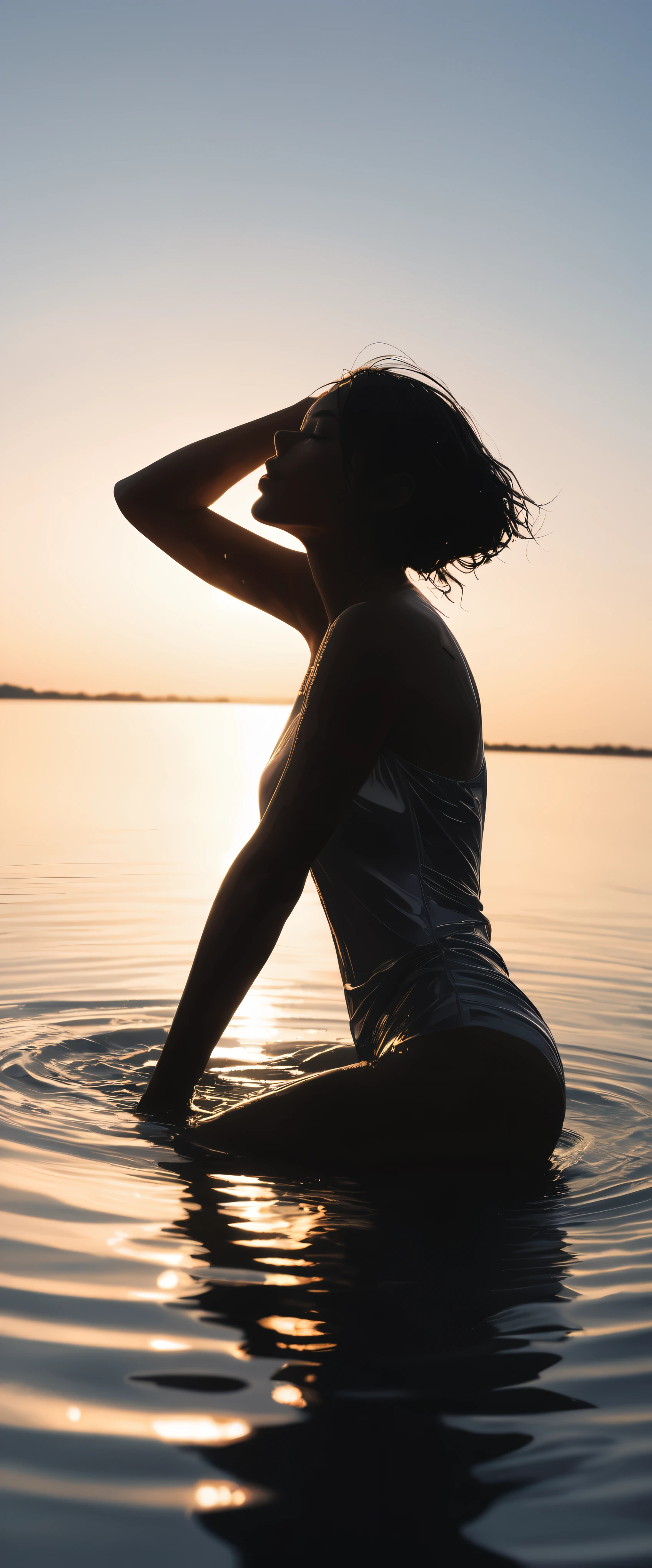 ((sunrise time)), silhouette, Minimalism, early morning, A slim woman cleansing herself by the water with the morning sun reflecting off her, Curvaceous woman, drenched in water, Adult sex appeal, (Backlight:0.2), aesthetic, (dynamic shot from below:1.3, shot from grand:1.6), BREAK Highest Quality, Highest quality, Highest Resolution, Super Retina,
