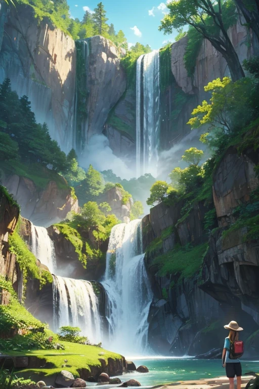 Green landscape with a waterfall and a pokemon with a person