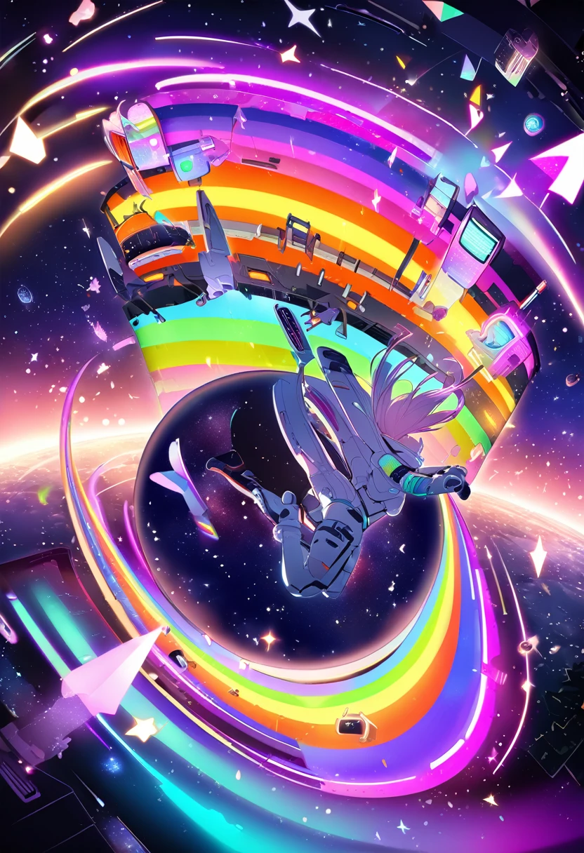 woman astronaut (((Floating in space with air))), performer, planet, nebula, whole body, empty, {Highly detailed 16K CG unit wallpaper}, Vast landscape photography, (A bottom-up perspective that focuses on the characters and the scene), (Wide field view), (Low angle photo), (highlight: 1.2), (Low Light: 1.8), (Warm light source: 1.2), More information Complex, (Rainbow colors: 1.5), (Bright lighting), (Atmospheric lighting), dream-like, Individuality, Line art, Black and White,(Multiple Exposure:Complex and detailed background,cyber punk,Neon Signs)