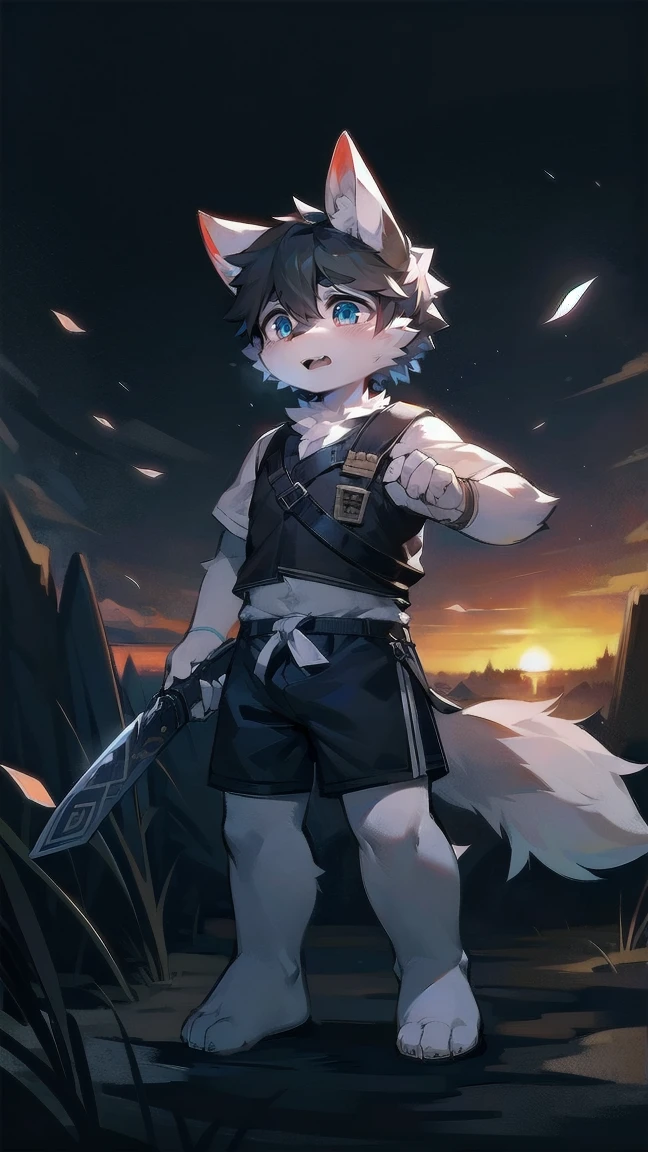 White Wolf，black hair，Sky blue eyes，hairy，Wolf ears，Wolf tail，Full body portrait，The character is in the center of the frame，Handsome，Confident eye***but，juvenile，Black and white combat uniform，Red neck bib，Black shorts，Short sleeve，hairy arms and legs，Dark background，Dark battlefield，dawn，sunrise，dawn，illumination，shadow，Swordsman，Scabbard and Hold the hilt of a in your hand，The scabbard is at the waist，Highest quality