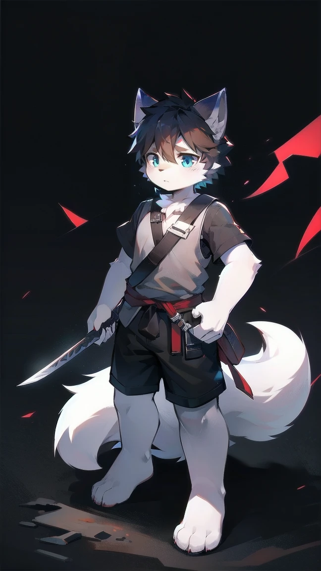 White Wolf,black hair,Sky blue eyes,hairy,Wolf ears,Wolf tail,Full body portrait,The character is in the center of the frame,Handsome,Confident eye***but,juvenile,Black and white combat uniform,Red neck bib,Black shorts,Short sleeve,hairy arms and legs,Dark background,Dark battlefield,dawn,sunrise,dawn,illumination,shadow,Swordsman,Scabbard and Hold the hilt of a in your hand,The scabbard is at the waist,Highest quality