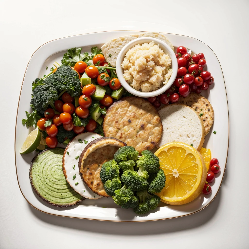 a plate of vegetarian food seen from above with a white background
