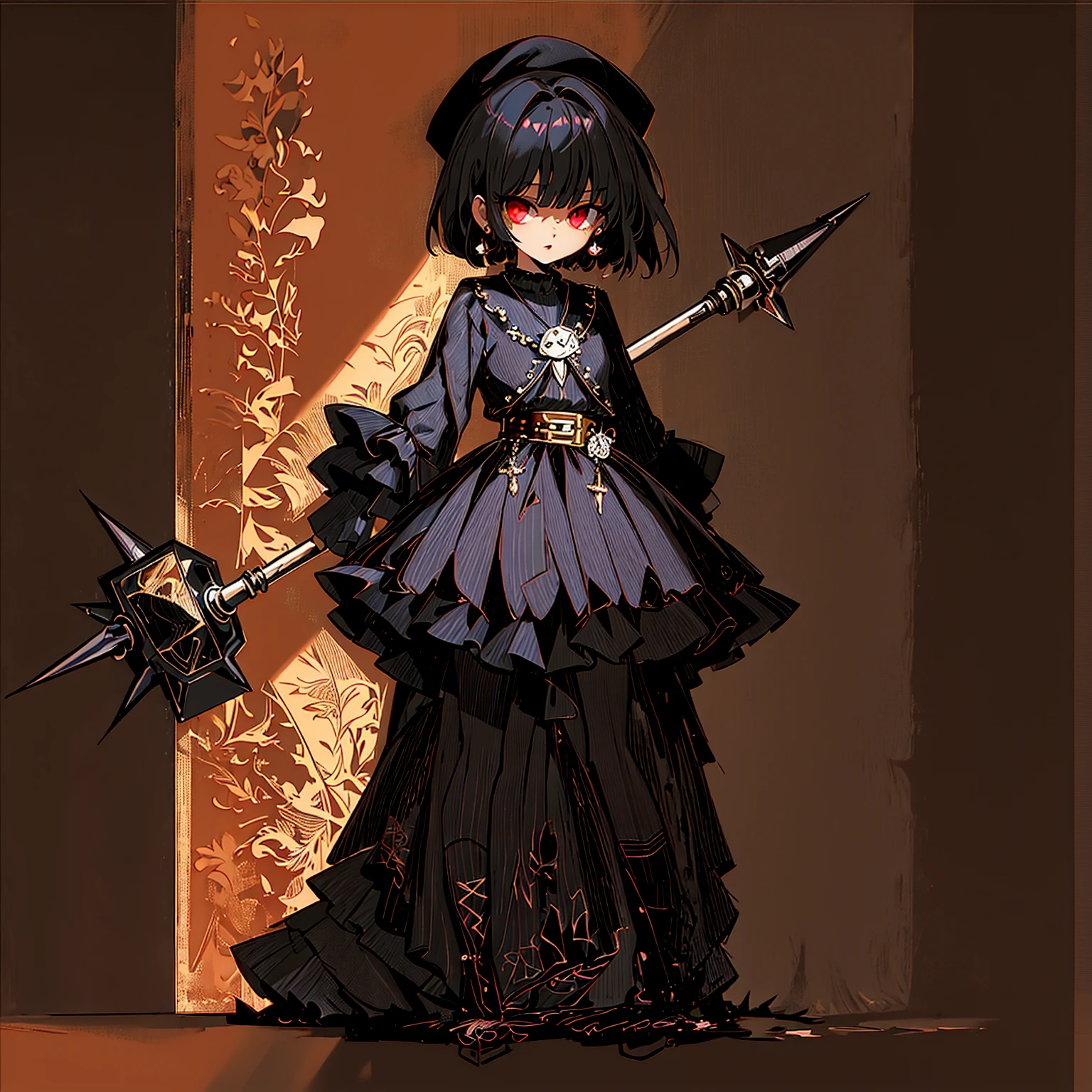 ultra detailed,best quality,game character, cool beauty,lady,20 year old,1girl, solo,full body,standing,Low Angle,dynamic pose,character focus,simple background, {{yandere,short bob hair, deep purple hair, red eyes, closed mouth, jewelry, black beret,blue hydrangea corsage, earrings, choker, black Gothic punk Style,bell mini skirt, black and white striped over the knee socks, long black boots, holding a mjolnir hammer in both hands, standing ,barbed hammer,huge tough hammer}},Crush the rock into small pieces and scatter the stone pieces,bell skirt