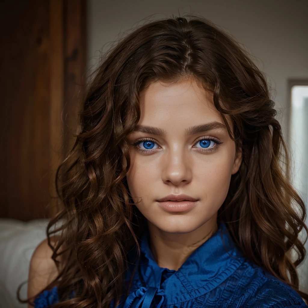 A beautiful curly brown-haired woman with blue eyes model, Realistic,8k