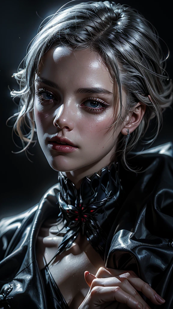 A mature woman in realistic portrait of high quality and detail, 2000's movie style, french girl, dark and mysterious atmosphere, pale skin, glow, eye shadow, 1girl, thriller fantasy, Depth & Perspective, sadness on her face, short silver hair, She has black eyes with red cross-shaped pupils, Mystical powers, french old traditional clothes, fine face, standing on a hill, outside, the royal palace of the 19th century on the background, blue sky, white cloud, looking at viewer, (ultra-high detail:1.2), Masterpiece, Best Quality, Ultra-detailed, Cinematic lighting, 8K, delicate features, cinematic, 35 mm lens, f/1.9, highlight lighting, global lighting –uplight –v 4, cinematic, intense gaze, Cinematic lighting, 8K, high quality, Highest Quality, (Solo Focus), (extremly intricate:1.3), (Realistic), dramatic, masterful, Analog style, (Film grain:1.5), (warm hue, cold tone), a close up of a person surrounded, destruction behind back