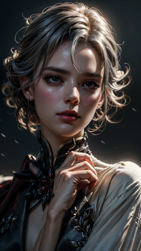 A mature woman in realistic portrait of high quality and detail, 2000's movie style, french girl, dark and mysterious atmosphere, pale skin, glow, eye shadow, 1girl, thriller fantasy, Depth & Perspective, sadness on her face, short silver hair, She has black eyes with red cross-shaped pupils, Mystical powers, french old traditional clothes, fine face, standing on a hill, outside, the royal palace of the 19th century on the background, blue sky, white cloud, looking at viewer, (ultra-high detail:1.2), Masterpiece, Best Quality, Ultra-detailed, Cinematic lighting, 8K, delicate features, cinematic, 35 mm lens, f/1.9, highlight lighting, global lighting –uplight –v 4, cinematic, intense gaze, Cinematic lighting, 8K, high quality, Highest Quality, (Solo Focus), (extremly intricate:1.3), (Realistic), dramatic, masterful, Analog style, (Film grain:1.5), (warm hue, cold tone), a close up of a person surrounded, destruction behind back