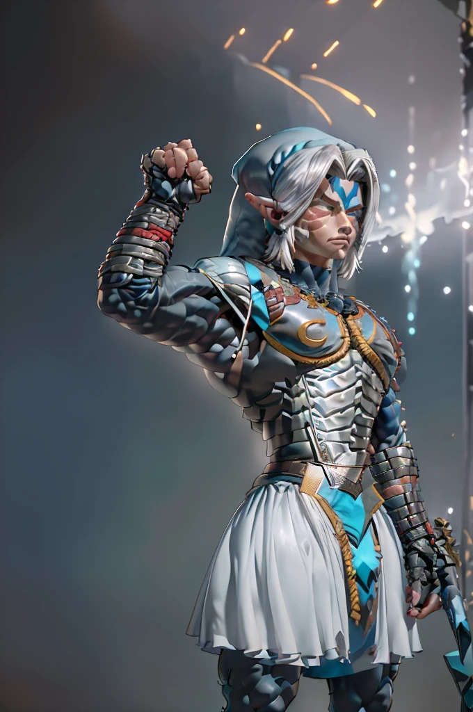 a muscular male figure wearing a white tunic, belt, Fingerless Gloves, und boots, , posing and looking at the viewer from above, surrounded by mountains and rocks, (best quality,4K,8K,highres,​masterpiece:1.2),Ultra-detail,(realisti,photorealisti,photo-realisti:1.37),portrait,Fantasies,dramatic lighing,filmic, (((a muscular male figure))), STRONG FIGURE, breast out, powerful ,powerfule Aura, white glowing eyes, (((Flex your muscles))), garment: Unter der armor trägt er ein langes, weißes garment, that reaches down to the ankles. Das garment ist an den Rändern mit blauen und silbernen Mustern verziert., boots: Seine boots sind schwer und robust, passend zur armor, and reach to the knees. They are also decorated with the same mystical symbols.armor: Er trägt eine beeindruckende armor, which is mainly in blue and white. Die armor hat eine antike, but still robust aesthetics, with sharp and clear lines. Mystical symbols are engraved above the breastplate and shoulders.balck hair: Sein balck hair ist weiß und etwas länger als die Schultern, smooth and flowing.Face and eyes: His face is serious and determined, with bright white eyes, that radiate a supernatural power.((Height and stature: Fierce Deity Link is tall and muscular, with an imposing and powerful presence.)) ((Sword: He holds a gigantic, zweihändiges Sword namens „Fierce Deity's Sword“. Das Sword hat eine breite Klinge mit einer blauen Schimmerung und ist mit mystischen Symbolen und Runen versehen. It has a double blade, which is sharp at both ends.))

