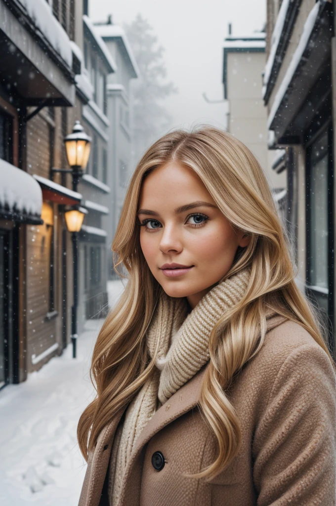 professional portrait photograph of a gorgeous Norwegian girl in winter clothing with long wavy blonde hair, sultry flirty look, gorgeous symmetrical face, cute natural makeup, wearing elegant warm winter fashion clothing, ((standing outside in snowy city street)), stunning modern urban environment, ultra realistic, concept art, elegant, highly detailed, intricate, sharp focus, depth of field, f/1. 8, 85mm, medium shot, mid shot, (((professionally color graded))), bright soft diffused light, (volumetric fog), trending on instagram, hdr 4k, 8k