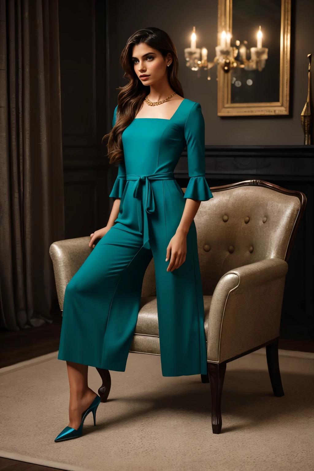 In this photograph, an Indian Instagram female model in her mid-20s sits elegantly in a luxury chair, commanding attention. The background, a 5-star hotel setting, adds to the moody ambiance of a private study. Captured by Lee Jeffries with a Nikon D850 and 4 Kodak Portra 400 film stock, the image boasts rich colors, hyper-realistic details, and lifelike textures. The model wears a stylish bright green combination jumpsuit self-design fit & flare dress, featuring a sweetheart neck, short puff sleeves, and tie-up detail on the back, enhancing its allure.
The dress flows gracefully above the knee with a flounce hem, crafted from chiffon fabric with an attached lining for comfort. Completing the aesthetic, the model wears a slave collar with a chain around her neck, adding an edgy contrast to the elegant ensemble. Meticulously captured in 8K resolution using cutting-edge techniques such as Cinema 4D and Octane Render, the photograph exudes a highly detailed and photorealistic quality. Studio lighting, HDR, and a smoky mist further enhance the captivating ambiance, while the bokeh effect adds an artistic touch to the composition.