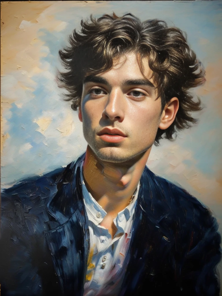 A young man, detailed portrait, oil painting, large brushstrokes, impasto texture, impressionist style, high contrast lighting, vivid colors, (best quality,4k,8k,highres,masterpiece:1.2),ultra-detailed,(realistic,photorealistic,photo-realistic:1.37)