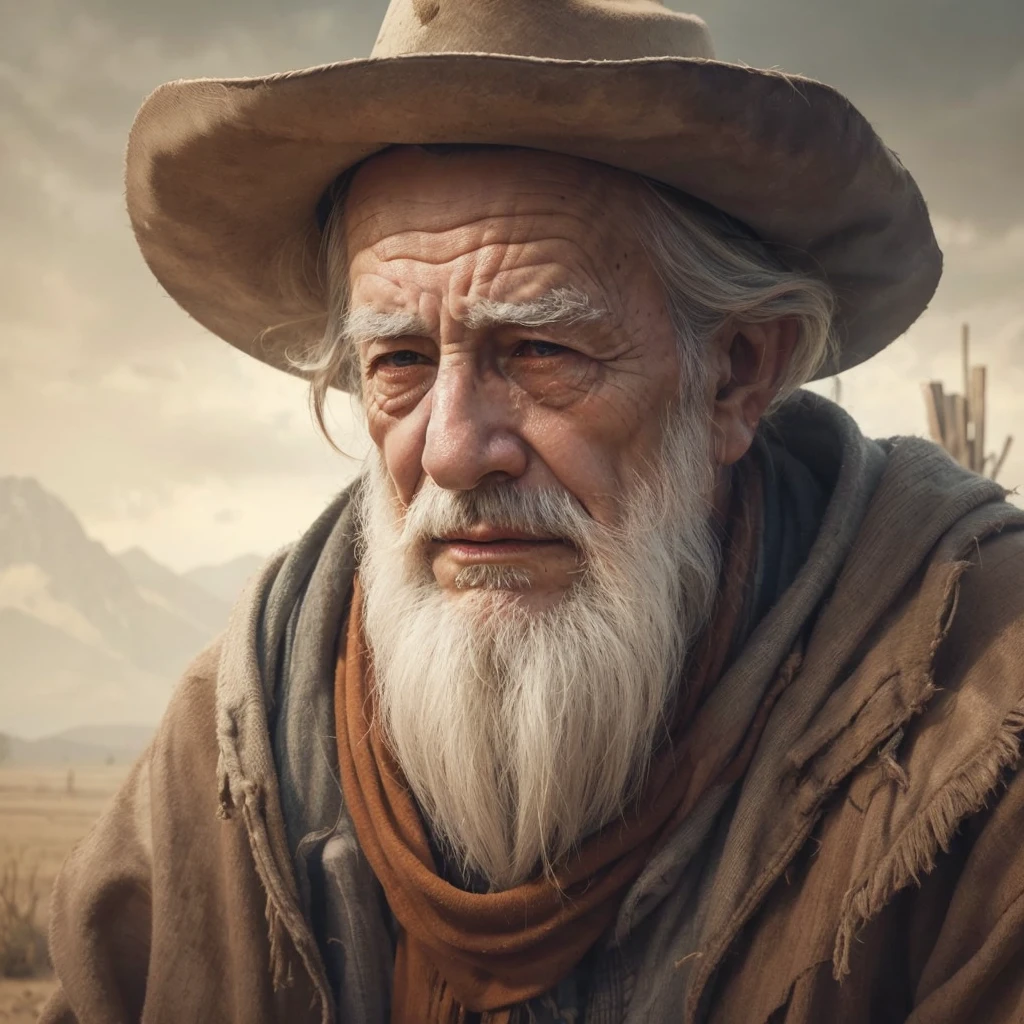 Create an image of a wise old man in a cowboy style hat