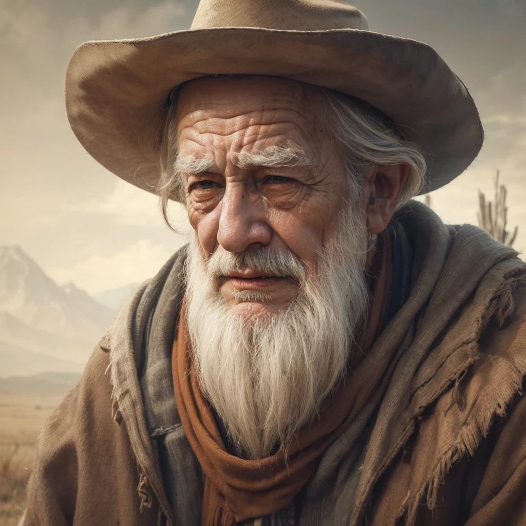 Create an image of a wise old man in a cowboy style hat