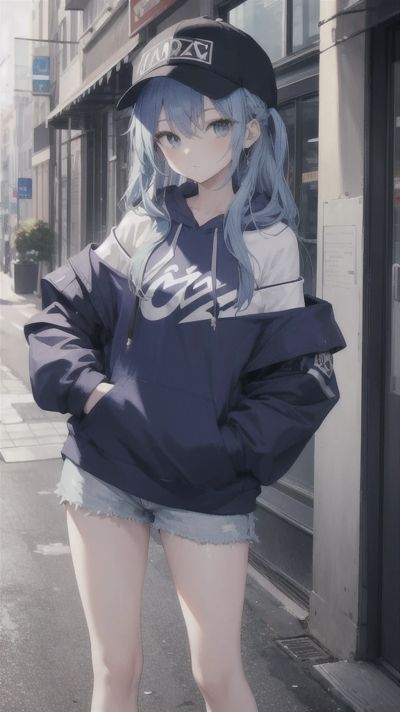 masterpiece,1girl,solo,long hair,blue hair,hoodie,off shoulder:1.2, mob cap, street,hand on hip, hand in pocket,