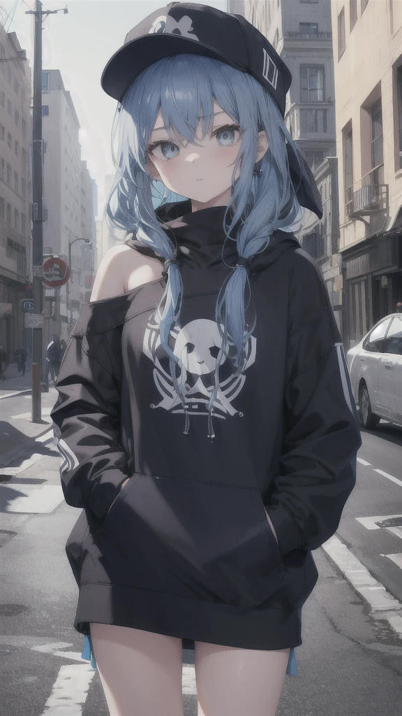 masterpiece,1girl,solo,long hair,blue hair,hoodie,off shoulder:1.2, mob cap, street,hand on hip, hand in pocket,