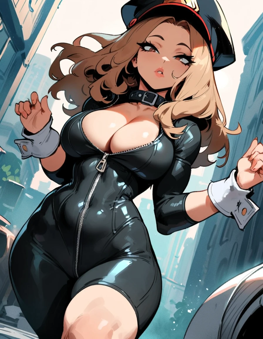 1girl, utsushimi kemii, boku no hero academia \\\\\ masterpiece, best quality, very aesthetic, absurdres, newest \\\\\\ slim body,///// ,by nyantcha,cutesexyrobutts , by khyle,,////// beautiful face, sexy, simple black catsuit with blending patterned lines and a zipper running down the middle left slightly down to reveal her cleavage. She wears white cuffs around her wrists and white heeled knee-high boots, patterned with gray lines, as well as a loose black collar lined with metallic plates.,  ,plump and glossy lips, city background, looking at viewer, close-up, dark brown eyes, ,cap, thin waist,\