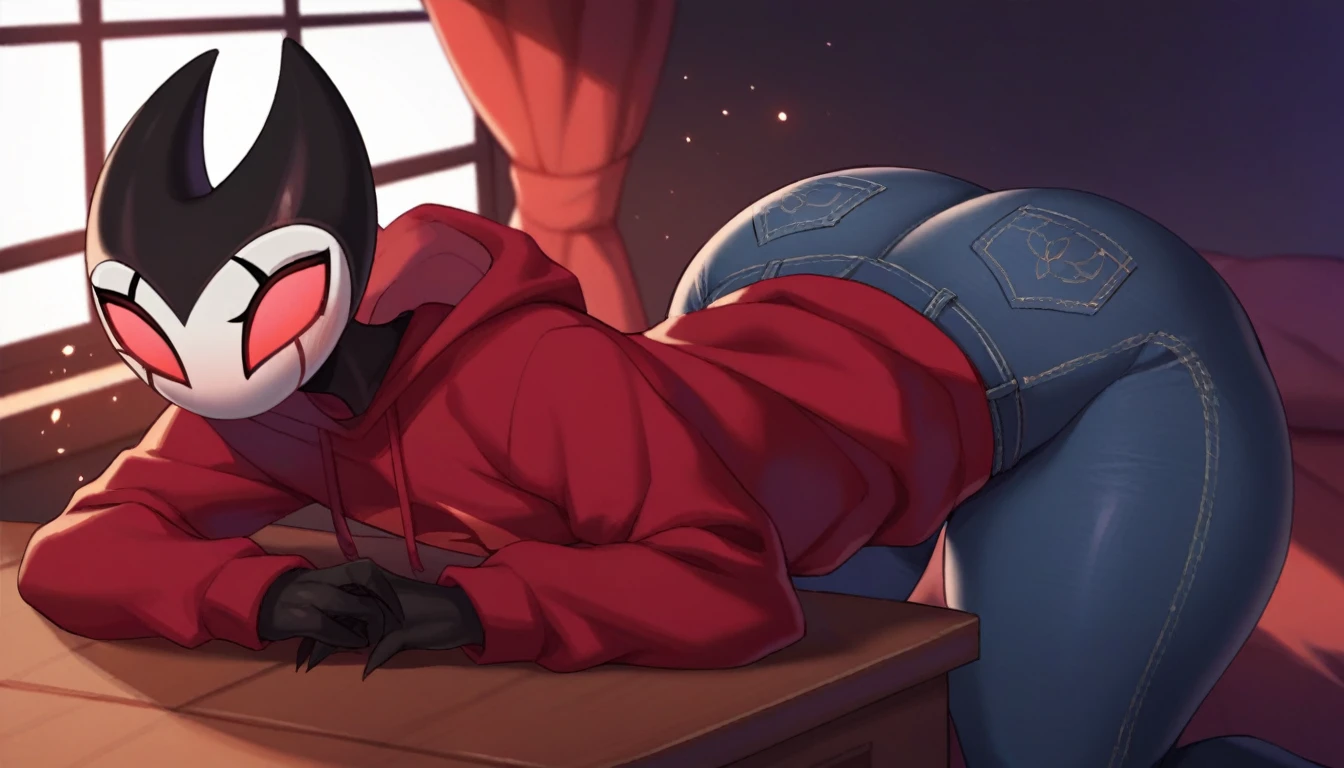 score_9, score_8_up, score_7_up, score_6_up, zPDXL2, grimm \(hollow knight\), vampire, bat, 1boy, solo, cute face, detailed eyes, red hoodie, jeans, looking at the screen, portrait, thick thighs, anthro, thick ass, looking out the window, doggy pose