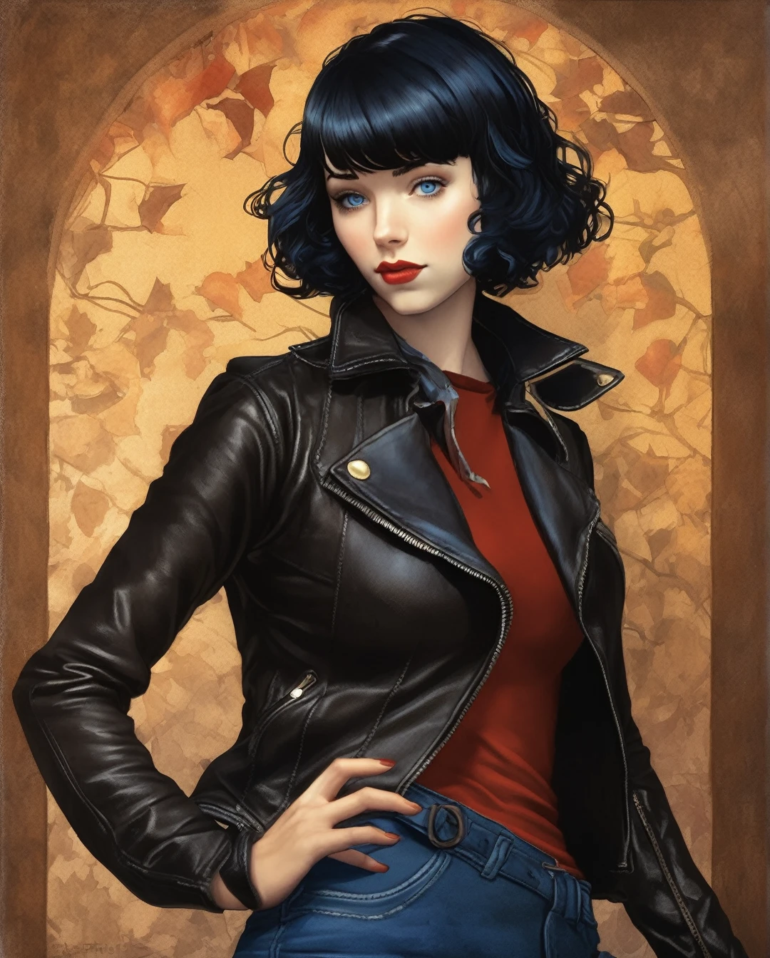 Maxfield Parrish Style - a full-body, high-resolution anime style of a 1 girl, pale skin, pixie short black hair with bangs , blue eyes, full red lips, big breasts, leather jacket, tight leather jeans, tight black t-shirt. Maxfield Parrish art