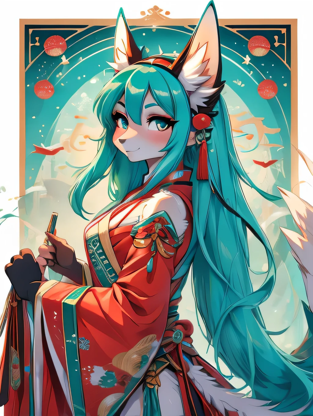 The best quality, high definition, Miku Hatsune,Arabic, High Definition, kitsune ears, very long hair, maiden costume with ofuda High Definition, edo age