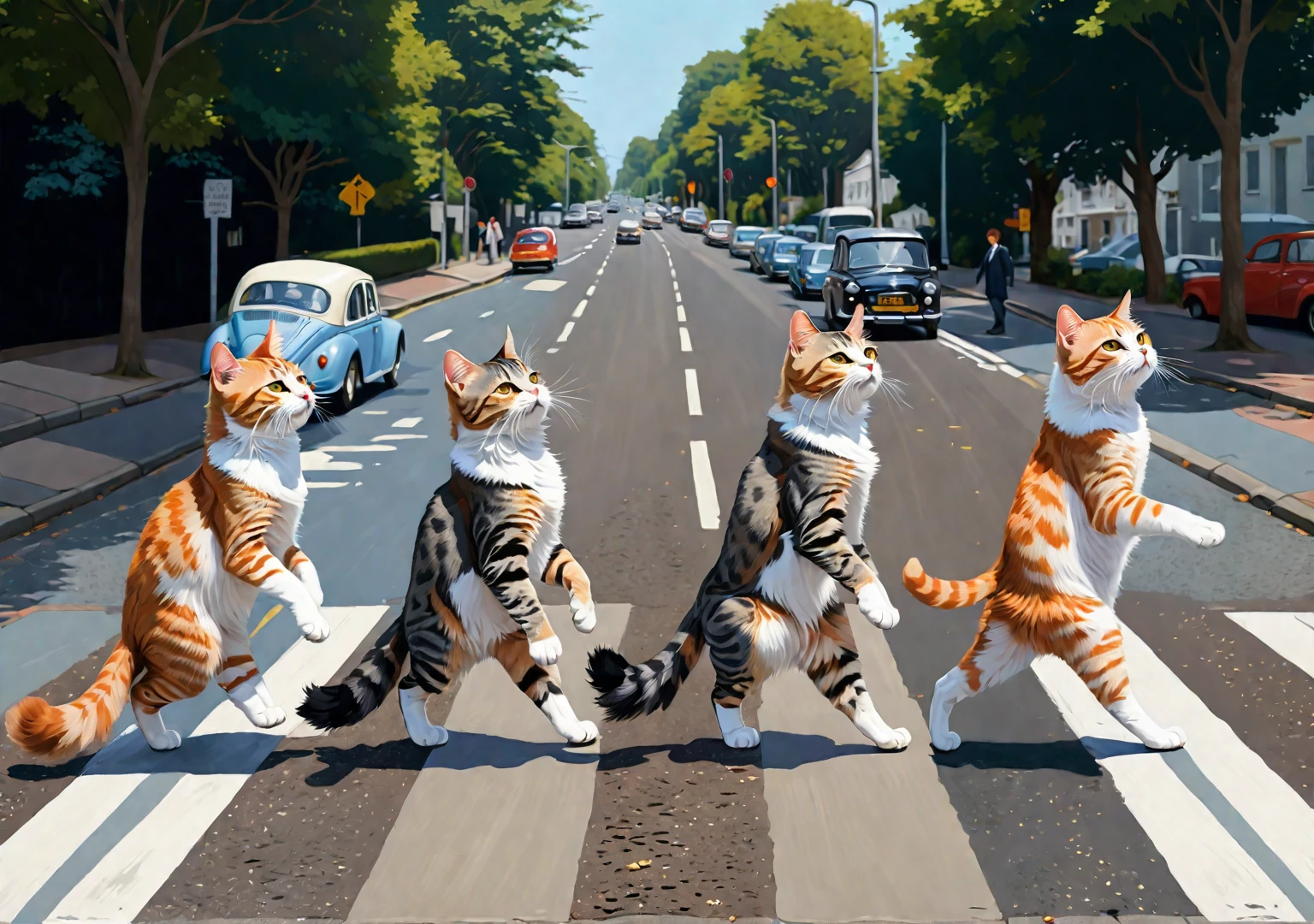 The four breed of cats walking on two legs in line across the road, ginger cat and gray tabby cat and black cat and white cat, parody with the beatles abbey road poster, digital anime painting style