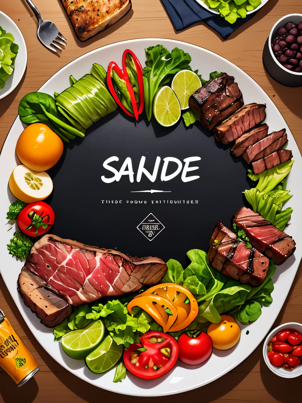 Create a logo featuring the words "Saude Fitness" in a stylized script at the center. Surround the text with detailed illustrations of healthy foods including steak, tomatoes, lettuce, and chicken filet. Use vibrant colors to convey health and vitality associated with fitness and nutrition.