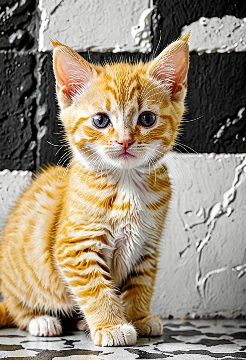 Yellow baby cat with black and white wall in the background