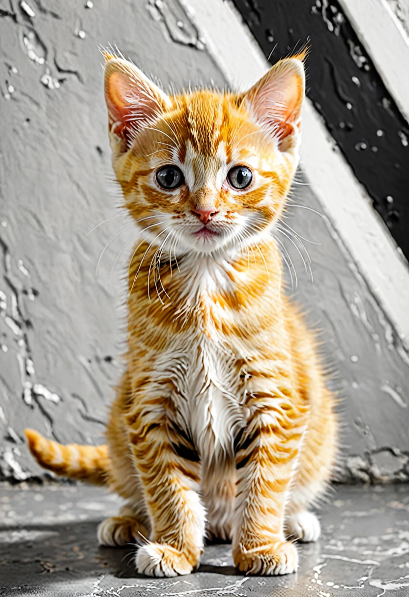 Yellow baby cat with black and white wall in the background