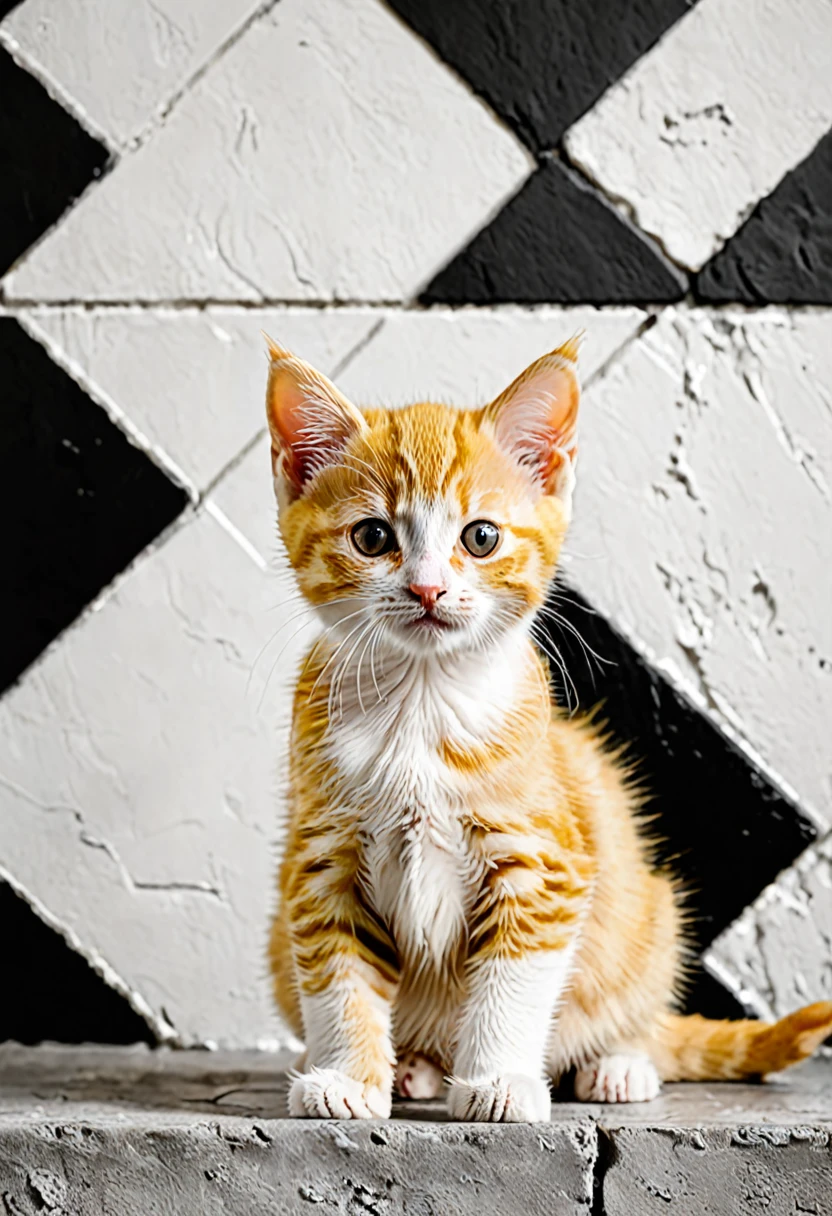 Yellow baby cat with black and white wall in the background