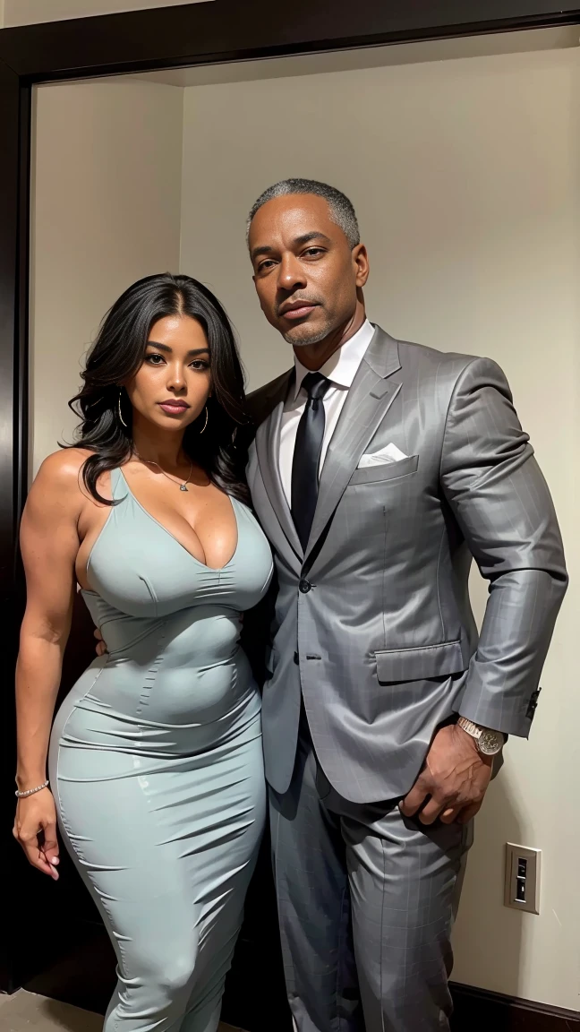 1 sexy 53 year old Mexican woman in formal gray suit((53 ans))she is accompanied by 1 elegant athletic African American man of 53 years old