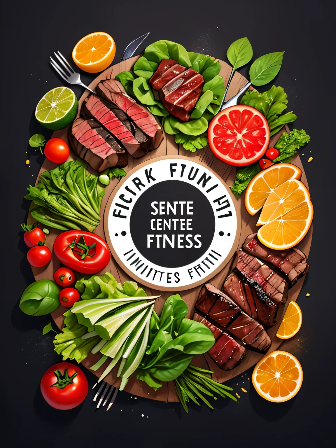 Create a logo featuring the words "Saude Fitness" in a stylized script at the center. Surround the text with detailed illustrations of healthy foods including steak, tomatoes, lettuce, and chicken filet. Use vibrant colors to convey health and vitality associated with fitness and nutrition.