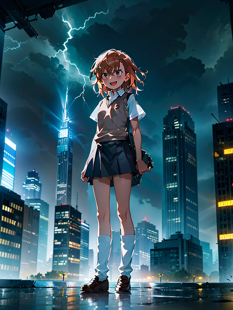 1girl, solo, , tokiwadai , shirt, white shirt, sweater vest, skirt, v-neck, pleated skirt, short sleeves, brown sweater vest, dress shirt, shorts, grey skirt, socks, collared shirt, shoes, loose socks, shorts under skirt, loafers, brown footwear, black skirt, short shorts , misaka mikoto, {{{{stun gun, holding stun gun}}}},:d, muzzle discharge masterpiece, best quality, standing,Urban, City, Skyscrapers, Skyline, Illuminated, Lightning, Thunderous, Bolts, Flashing, Glowing, Vibrant, Electric, Striking, Dynamic, Dramatic, Stormy, Urban sprawl, Nighttime, Silhouette, Energy, Excitement, Thriving, Fast-paced, Metropolis, Traffic, Neon lights, Reflections, Illuminated signs, Rain-soaked, Dramatic contrast, Impressive, Resilient, Towering, Spectacular, Impressive, Bustling, Unforgettable
Show more