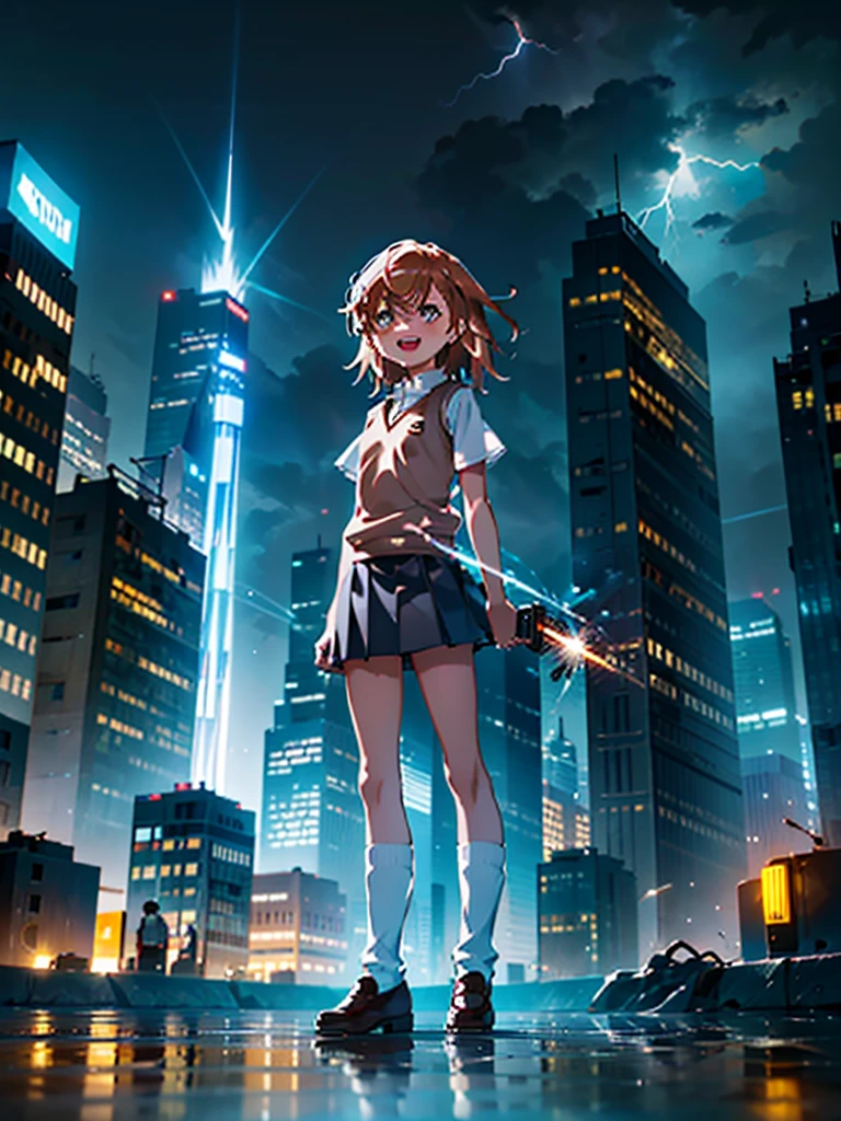 1girl, solo, , tokiwadai , shirt, white shirt, sweater vest, skirt, v-neck, pleated skirt, short sleeves, brown sweater vest, dress shirt, shorts, grey skirt, socks, collared shirt, shoes, loose socks, shorts under skirt, loafers, brown footwear, black skirt, short shorts , misaka mikoto, {{{{stun gun, holding stun gun}}}},:d, muzzle discharge masterpiece, best quality, standing,Urban, City, Skyscrapers, Skyline, Illuminated, Lightning, Thunderous, Bolts, Flashing, Glowing, Vibrant, Electric, Striking, Dynamic, Dramatic, Stormy, Urban sprawl, Nighttime, Silhouette, Energy, Excitement, Thriving, Fast-paced, Metropolis, Traffic, Neon lights, Reflections, Illuminated signs, Rain-soaked, Dramatic contrast, Impressive, Resilient, Towering, Spectacular, Impressive, Bustling, Unforgettable
Show more