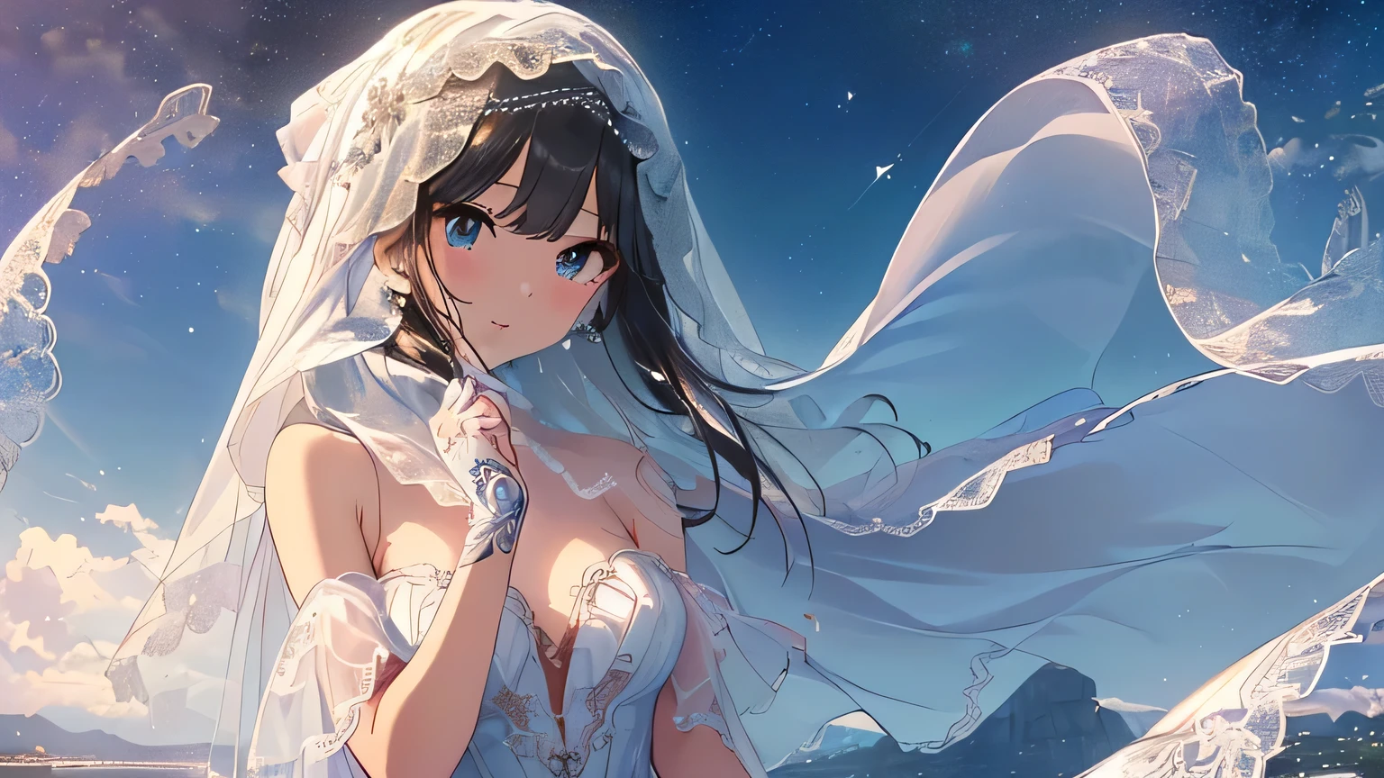 Super detailed、(((Shibuya Rin)))、(((((Perfect Hand:1.2)))、(((((Perfect Anatomy:1.2))、((1girl)))、Earringastepiece、Highest quality、Super detailed、High resolution、Highest quality、4kqulity、HDR、uhd、8K、High resolution、Super detailed、Ultra Sharp、超High resolution、Cinematic writing、good shape:1.2)、(Bright colors:1.2)、(Beautiful Face:1.1)、(excellent_quality:1.0)、(Perfect Face、Light skin、Beautiful eyes with fine details)、((Highly detailed face、Perfect Face))、(Glorious Skin)、theme:「Complexities hidden under the veil」style:Photorealism、8K、Explanation of degrees of freedom:I visualize a beautiful woman wearing a hijab.、Under the surface、A closer look reveals a complex trypophobia pattern。A balance of beauty and disturbing complexity。(Highest quality、High detail、masterpiece:1.2、)、Illustration、natta、1girl、(Pure white wedding dress)、Waiting for a kiss、Look at the viewer、happiness、、HDR、uhd、8K、Shining Eyes、Starry Sky、Sparkling Eyes、happiness、Eyes shining through a translucent veil、Very wide shot、Floating Hair、Shiny Hair、Outdoor、Wind、Shining pupils、Sexy body、NFSW、The face is covered with a translucent veil、Sitting