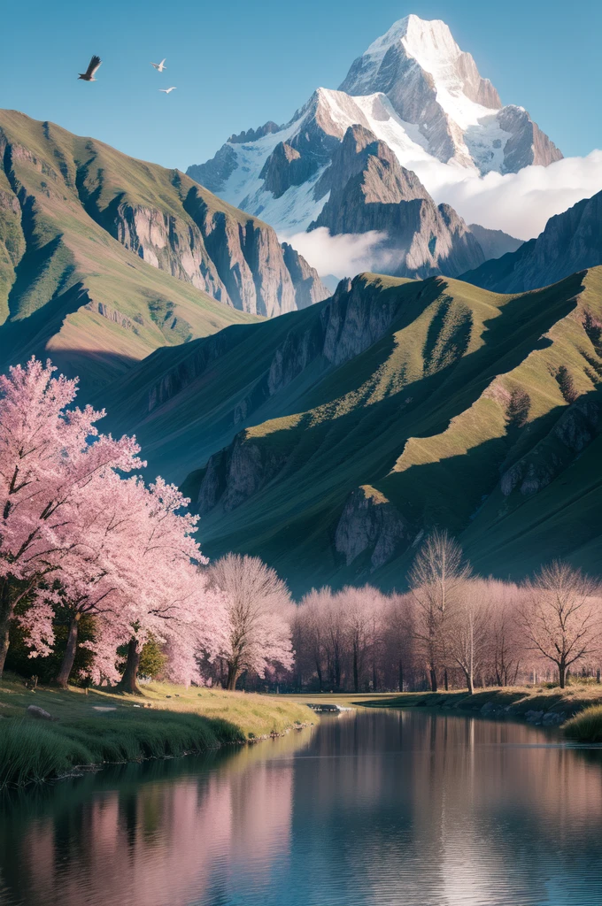 landscape, colorful, pink flowers, sun, tree, mountain, sky, water, clouds, birds, ultra had, (masterpiece,best quality:1.5)