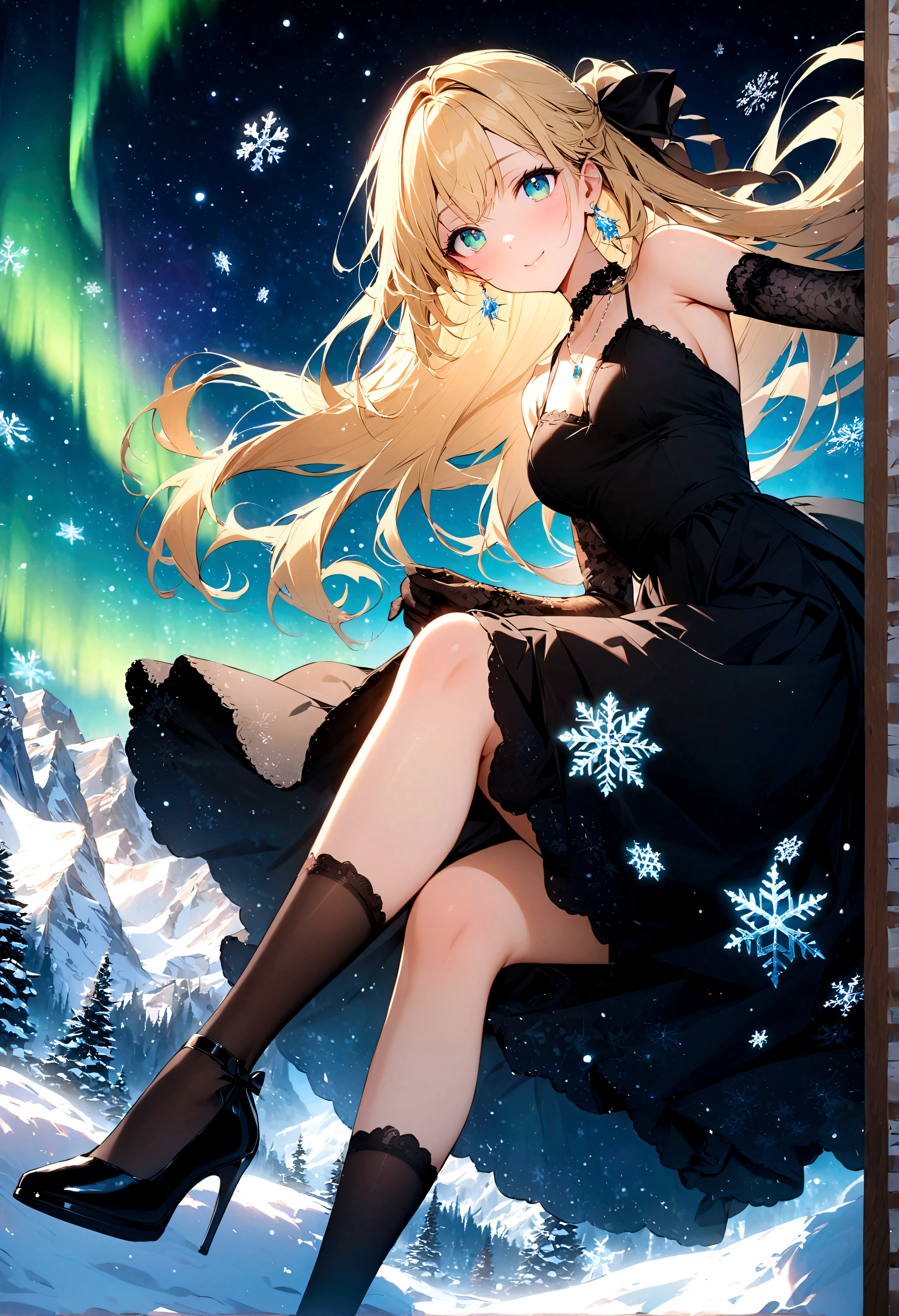{best quality}, {{masterpiece}}, {highres}, original, extremely detailed 8K wallpaper, 1girl, {an extremely delicate and beautiful},aurora,snowflakes,starry sky,clusters of stars,starry sky,glinting stars,,starry sky ,blonde hair,long hair,half updo,floating hair,cyan_eyes,sweet smile,beautiful_face,beautiful detailed eyes,black skirt dress, flower pattern in dress,black gown,black stocking,High heeled gift shoes,lace-trimmed_gloves,earrings,necklace,