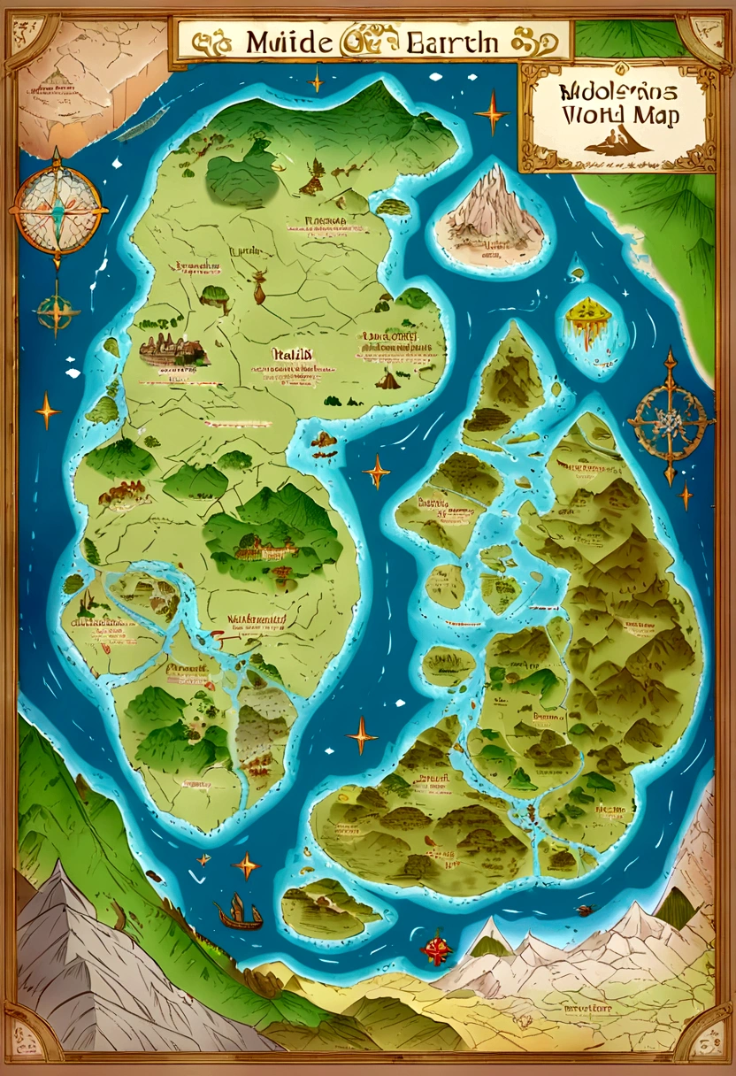 Tokkien world style map of Middle Earth, with continents, countries and islands. Combine different types of terrain such as mountains, slopes, rivers, swamps and deserts
